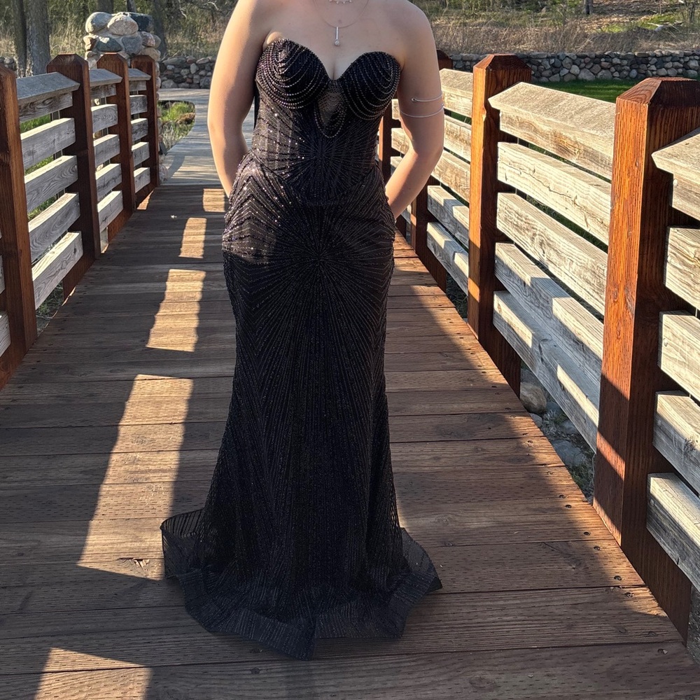 Promesa Black Strapless Prom Dress